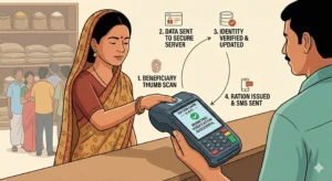Ration Card E-KYC Update 2026 biometric verification process at ration shop.